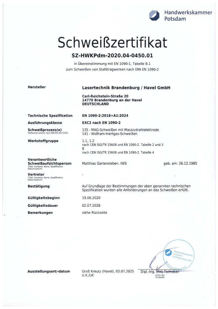 Zertifikat Schweißen Stahl